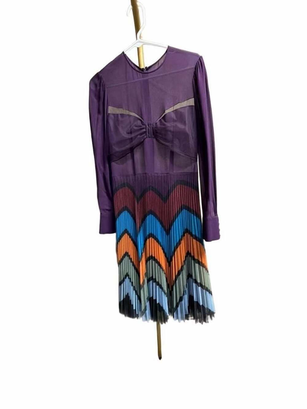 Mary Katrantzou Purple Silk Blend Chevron Pleated Long Sleeve Midi Dress